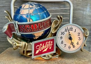 Vintage 1976 Schlitz Beer Bar Advertising Light Rotating Globe And Clock