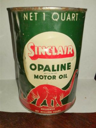 Vintage Metal Sinclair Opaline Motor Oil Quart Can Empty Lg Red Dinosaur Pic