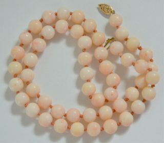 Estate Vintage Angel Skin Coral Bead Necklace 14k Gold Clasp Hand Knotted 7.  9 Mm