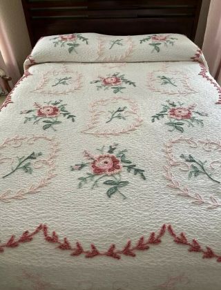 Vintage Pink Floral Chenille Bedspread Queen Plush &