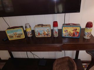 Roy Rodgers Set Of 3 Vintage Metal Lunch Box With Thermos
