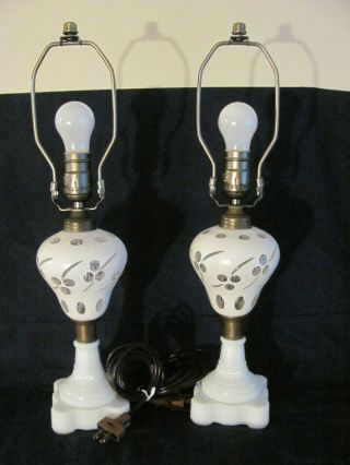 2 ANTIQUE BOSTON SANDWICH OIL LAMPS CONVERTED TO ELECTRIC WHITE CUT TO CLEAR 3