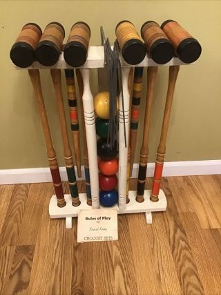 Vintage Kourt King Croquet Set 6 Mallets Balls Wickets Stakes Rule Rack Complete