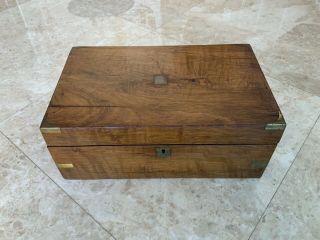 Antique Victorian Table Top Walnut Writing Desk Box Wood Brass American 1820