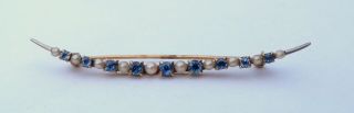 Antique 14k Yellow Gold Crescent Moon Brooch Gorgeous Blue Sapphire Pearls 60mm
