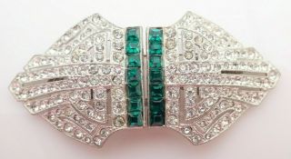 Vintage Art Deco Coro Duette Signed Green Clear Rhinestone Brooch Pin Dress Clip