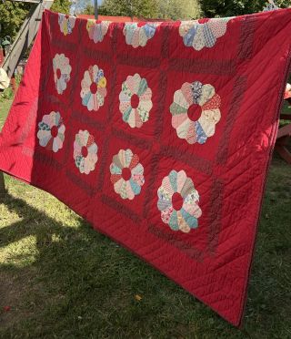 Vtg Full Red Quilt Blanket Hand Stitched Shabby Cottage Daisy Flowers