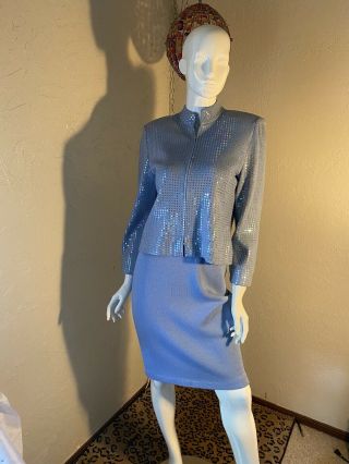 Vintage St.  John Evening Knit Suit By Marie Gray Sky Blue Jacket Sz.  8 Skirt Sz.  4