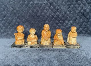 Vintage Chinese Cultural Revolution Carved Box Wood Figures Set Of 5