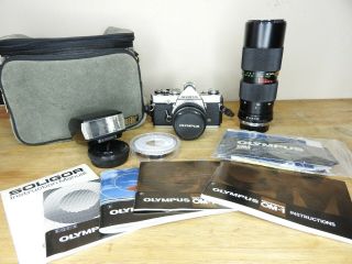 Olympus Om - 1n 35mm Slr Camera 50mm Lens Soligor 75 - 300 Lens Manuals Bag Vintage