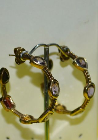 Vintage Gold Plated Signed 925 Stephen Dweck Multi Gemstone Hoop Earring W/ Bag
