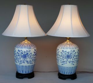 Pair 2 Large Vintage Chinese Blue White Porcelain Ginger Jar Table Lamps
