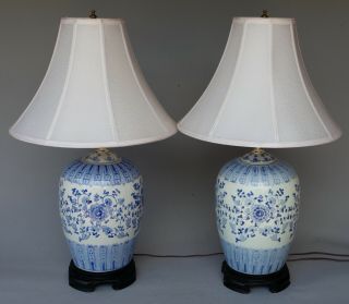 Pair 2 Large Vintage Chinese Blue White Porcelain Ginger Jar Table Lamps 2