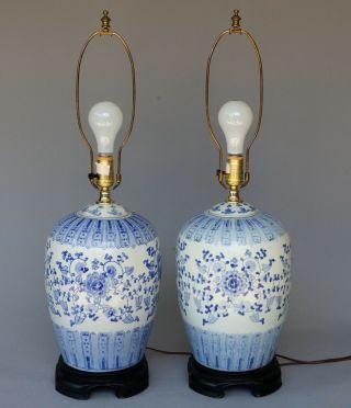 Pair 2 Large Vintage Chinese Blue White Porcelain Ginger Jar Table Lamps 3