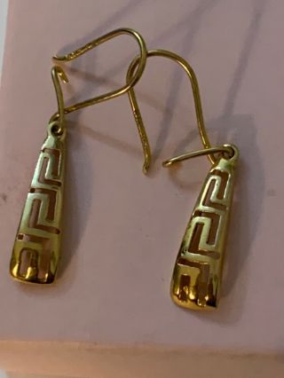 Vintage 14k Yellow Gold Greek Key Design Dangle Bar Drop Chandelier Earrings