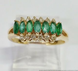 Vintage 14k Yellow Gold Marquise Cut Natural Emerald Diamond Ring Size 6.  25