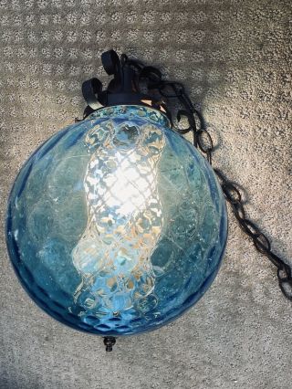 Vintage 60s Mid Century Modern Blue Glass Swag Hanging Lamp