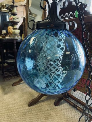 Vintage 60s Mid Century Modern Blue Glass Swag Hanging Lamp 3