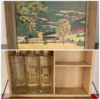 Vintage Concealed Liquor Cabinet Faux Painting Prohibition Bar Set Decanters Mcm