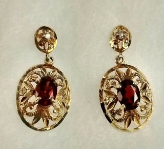 Vintage 10k Yellow Gold Filigree Oval Garnet Diamond Accent Dangle Earrings 2.  69