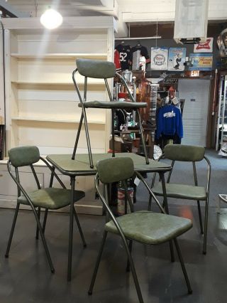 Vintage Mid Century Modern Cosco Vinyl Top Folding Round Table & Chairs Sage