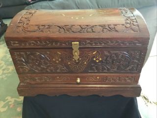 Vintage Teak Wooden Carved Trunk Hope Chest Brass Inlay Box Heavy