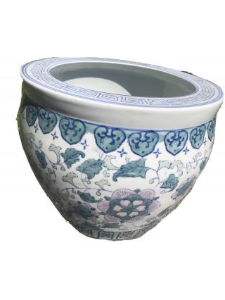 Vintage Asian Style Large Porcelain Fishbowl Planter Pot Chinoiserie Chic Decor