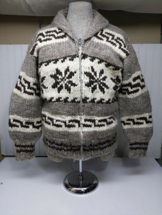 Vintage Cowichan Indian Hand Knit Cardigan Sweater The Dude Large Full Zip Wool