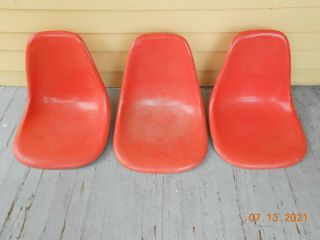 3 Herman Miller Eames Orange Fiberglass Shell Chairs,  No Legs Mid Century