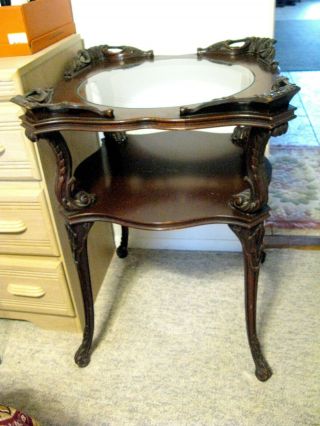 Antique Victorian Ornate 2 Tier Maple Side Table With Glass Top