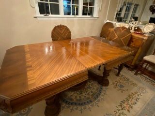 Antique Waterfall Art Deco Furniture - Dining Room Table & Six (6) Chairs