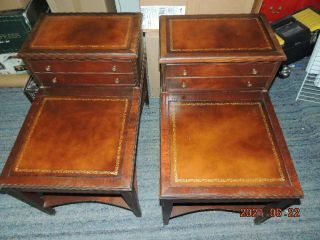 Antique Carolina Panel Co.  End Tables,  Inlaid Leather Made June 1951 2 Drawers
