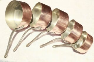 Vintage French Copper Saucepan Pan Set Of 5 Tin Lined Cast Iron Handles 8.  8lbs