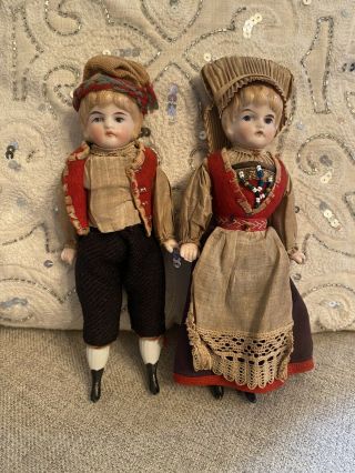 Antique German 7” Bisque Dolls In All Costumes Small Cabinet Sz