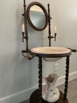 Vintage Wash Basin Stand With Mirror,  Candle Holders And Towel Holders