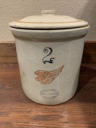 Antique Vintage Red Wing 2 Gallon/ Lid Stoneware Crock Big Wing And Blue Oval