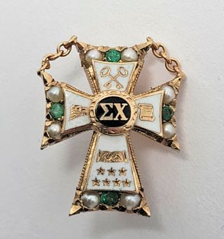 Sigma Chi Cross Fraternity Pin 10k Vintage Greek Enamel,  Seed Pearls & Emeralds