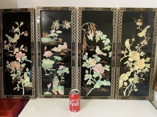 Vtg.  Large Oriental Mother Of Pearl Black Laquer Wall Panels Birds Set Of 4