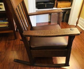 Vintage Mission Arts & Crafts Solid Oak Wood Rocking Chair - Rocker,  Cushion 3