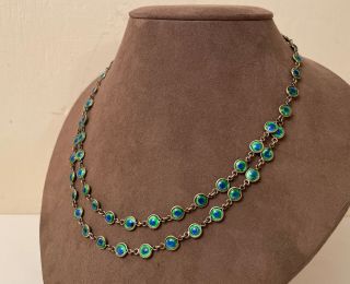 Antique / Vintage Art Deco Peacock Eye Glass Enameled Link Bib Necklace Silver