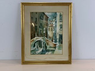 Vintage Venice Italy Street Scene Watercolor Signed Sally Lansdon Frame