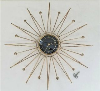 Vintage Mcm 26 " Starburst 8 - Day Wall Clock With Key Made In Germany Mb