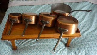 Vintage French Copper Saucepan Pan Set 5 Stamped Tin Lined Cast Iron