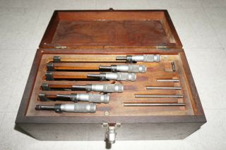 Brown Sharpe Usa 0 - 6 " Micrometer Set Vintage In Wood Box