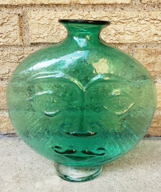 Vintage Blenko Sun Face Vase Sea Green Teal Wayne Husted Design