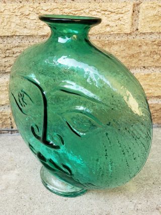 Vintage Blenko Sun Face Vase Sea Green Teal Wayne Husted Design 2