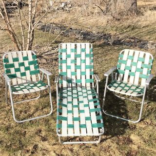 Matching Set Of 3 Vintage Folding Aluminum Webbed Chaise Lounge Lawn Pool Chairs