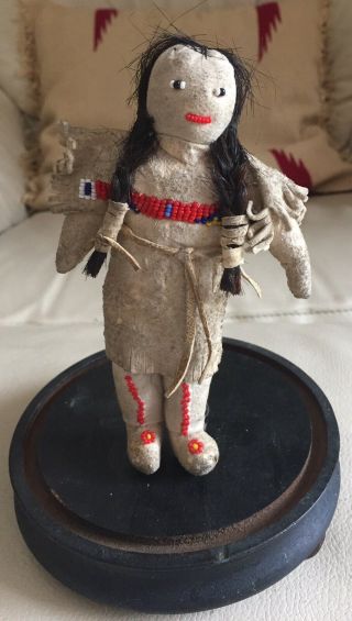 Vintage Native American Indian Beaded Doll W/ Antique Glass Dome Cloche