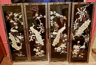Set Of 4 Vintage Asian Oriental Mother Of Pearl Bird Black Lacquer Panels 12x36