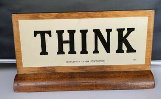 Iconic Vintage 2 - Sided 1950’s Ibm Think Plaque On Stand Desk Top Sign Wood